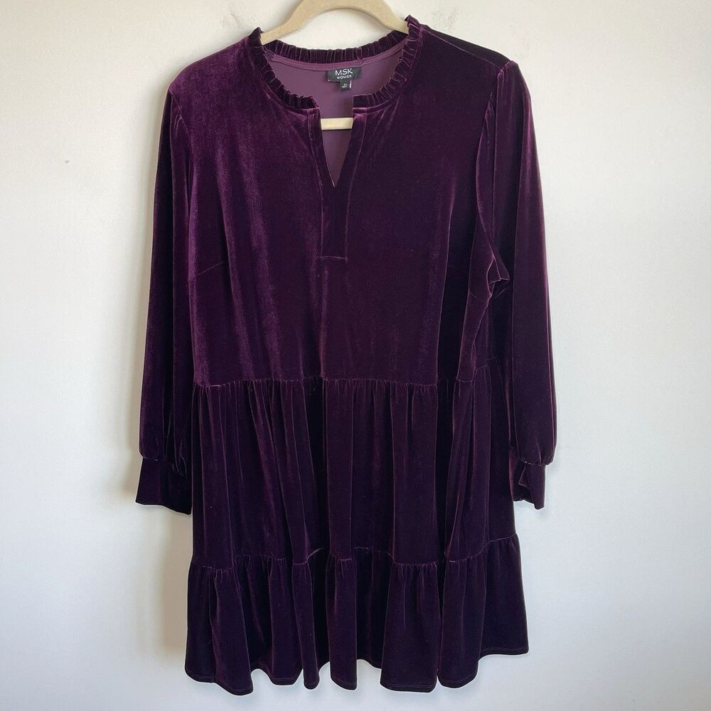MSK Womenβ Plus 2X Velvet Long Sleeves Tiered Babydoll Dress Boho Whimsigoth